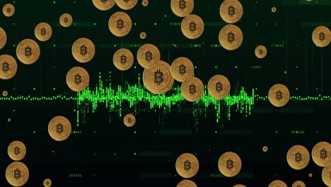 animación de iconos de bitcoins que caen sobre un fondo oscuro