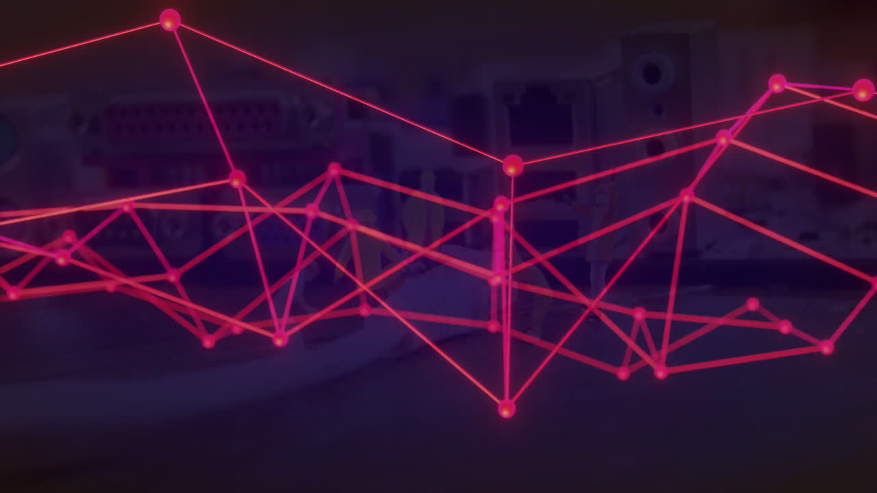 red de conexiones rojas y animación de procesamiento de datos sobre un fondo borroso