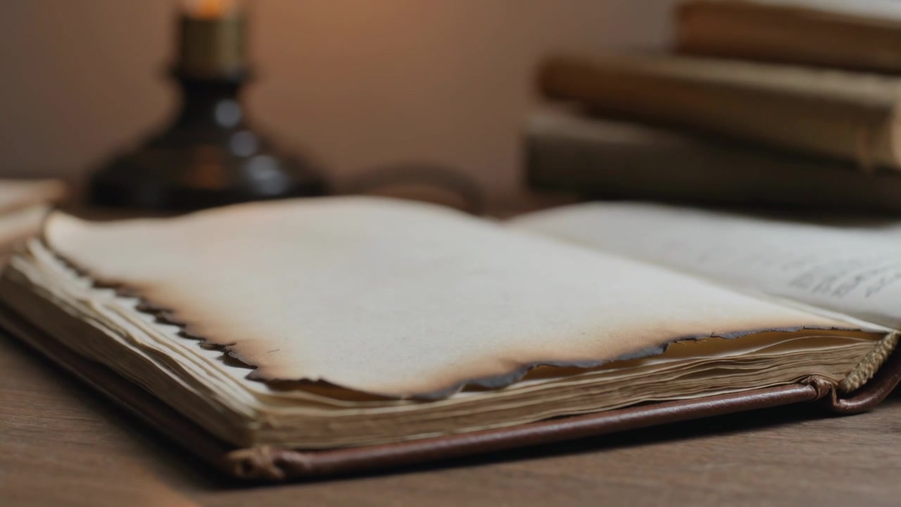 Una pagina carbonizzata viene sollevata, un libro di pelle rivela un bordo smerlato bruciato sulla scrivania, con una lampada che brilla
