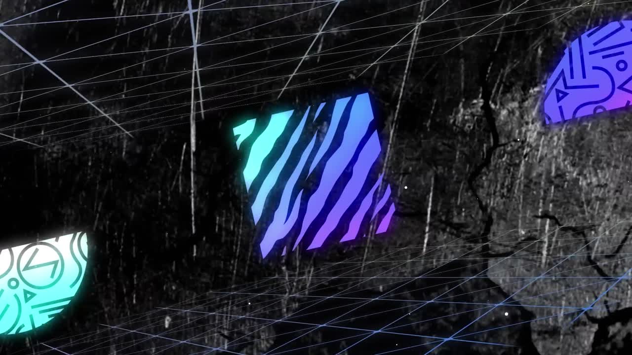 Animation of brightly coloured, patterned shapes moving over rain and tree shadows on grey sky
