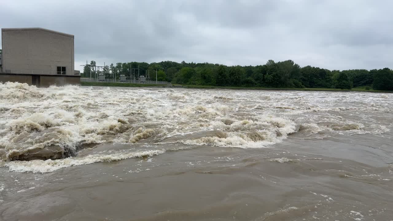 Barrage Bergheim near ingolstadt during flood 2024 donau near its peak level