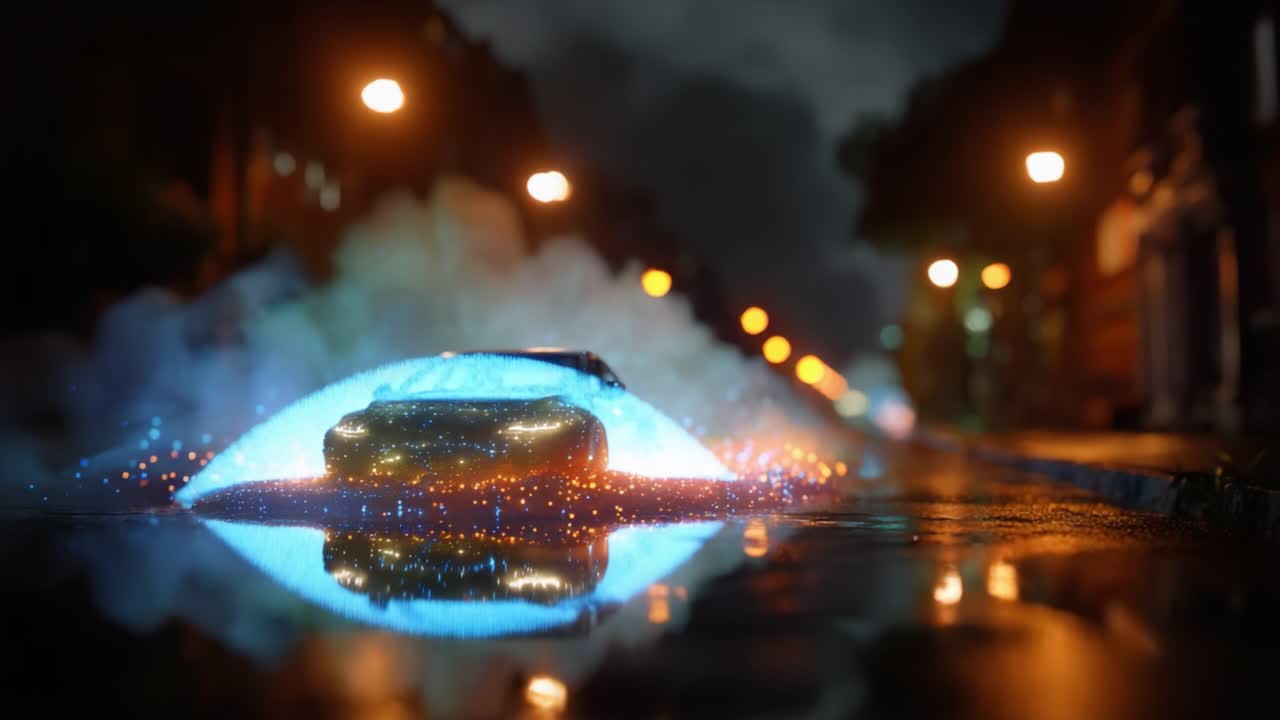 Dynamická scéna zobrazující auto obklopené barevnými světly a živými odrazy na mokré ulici, vytvářející elektrizující vizuální zážitek v noci