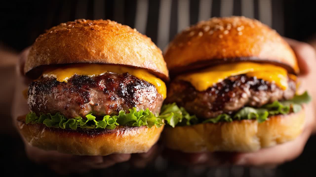 Delicious Gourmet Hamburgers Featuring Juicy Patties, Fresh Lettuce, Melting Cheese, and Toasted Buns Served by Hands in a Culinary Showcase