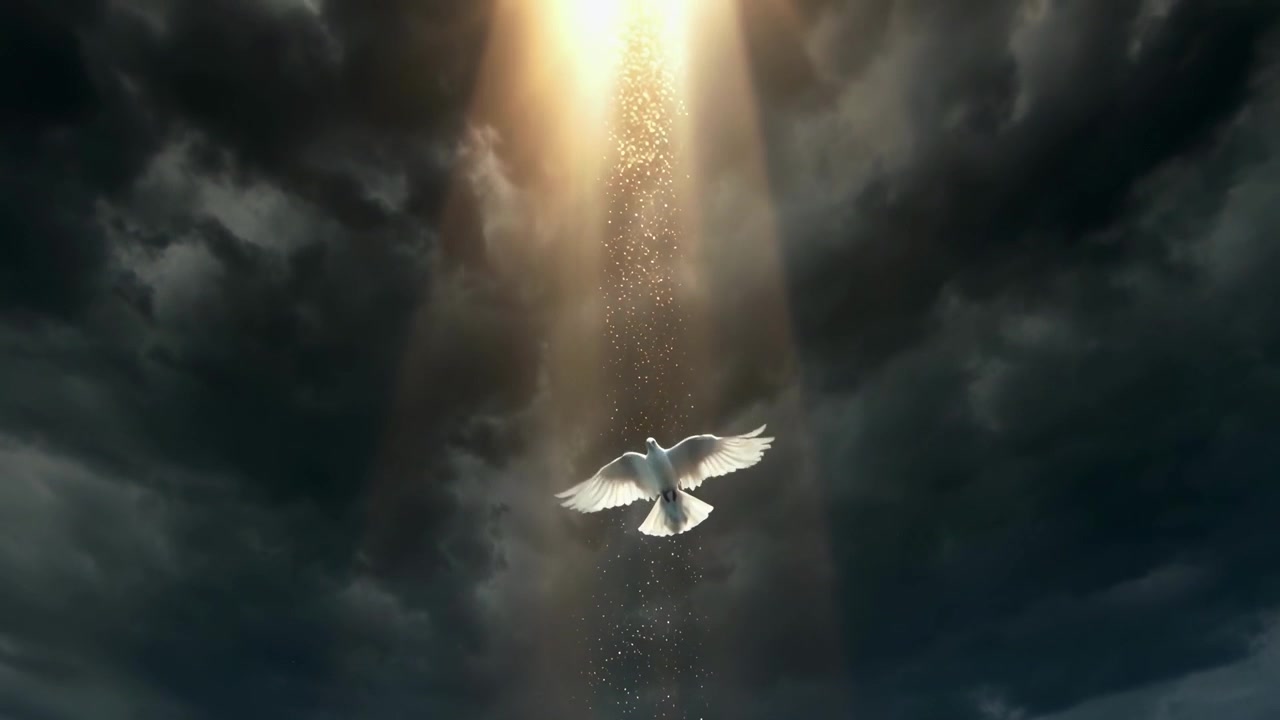 White Dove Flying Towards Bright Light in Dark Stormy Sky
