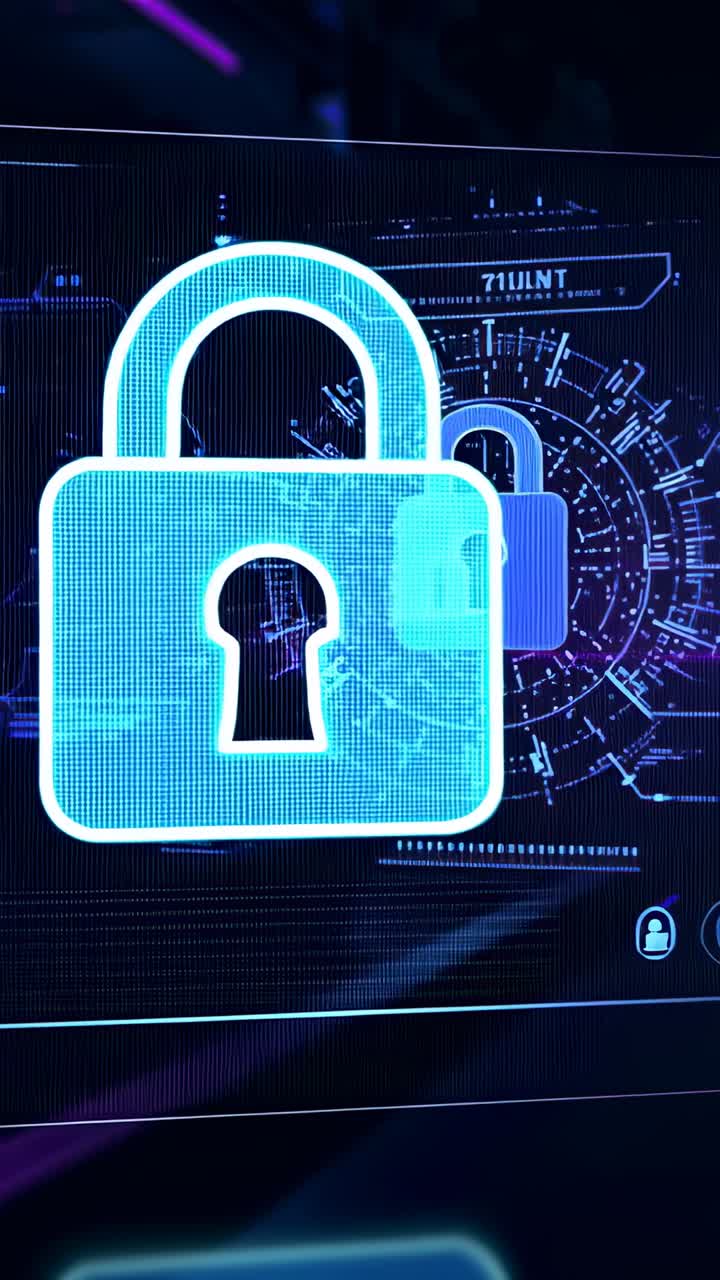 Vertical video: Console powering, large blue padlock scaling forward centering on holo for security
