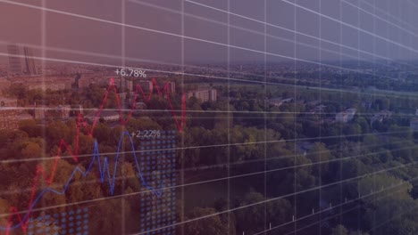 financial data over landscape with city and trees.