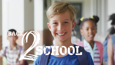 animation of back to school text over happy diverse school kids at school