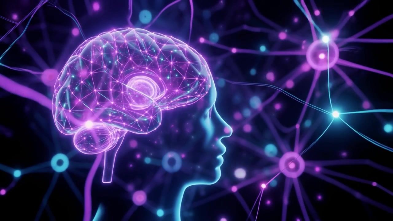 Cervello Umano Futuristico con Attività Luminosa della Rete Neurale