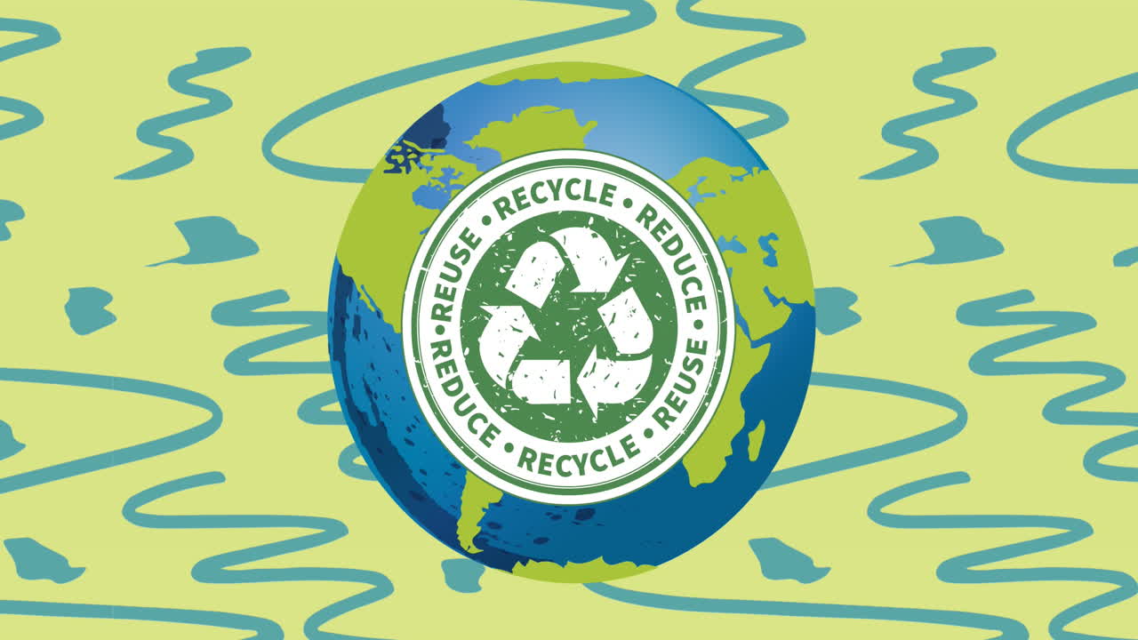 재활용 표지판과 텍스트의 애니메이션이 파란색과 초록색 배경에 전 세계에 있습니다.