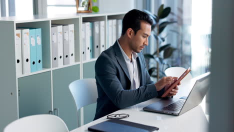 Business-man,-laptop-and-tablet-for-data