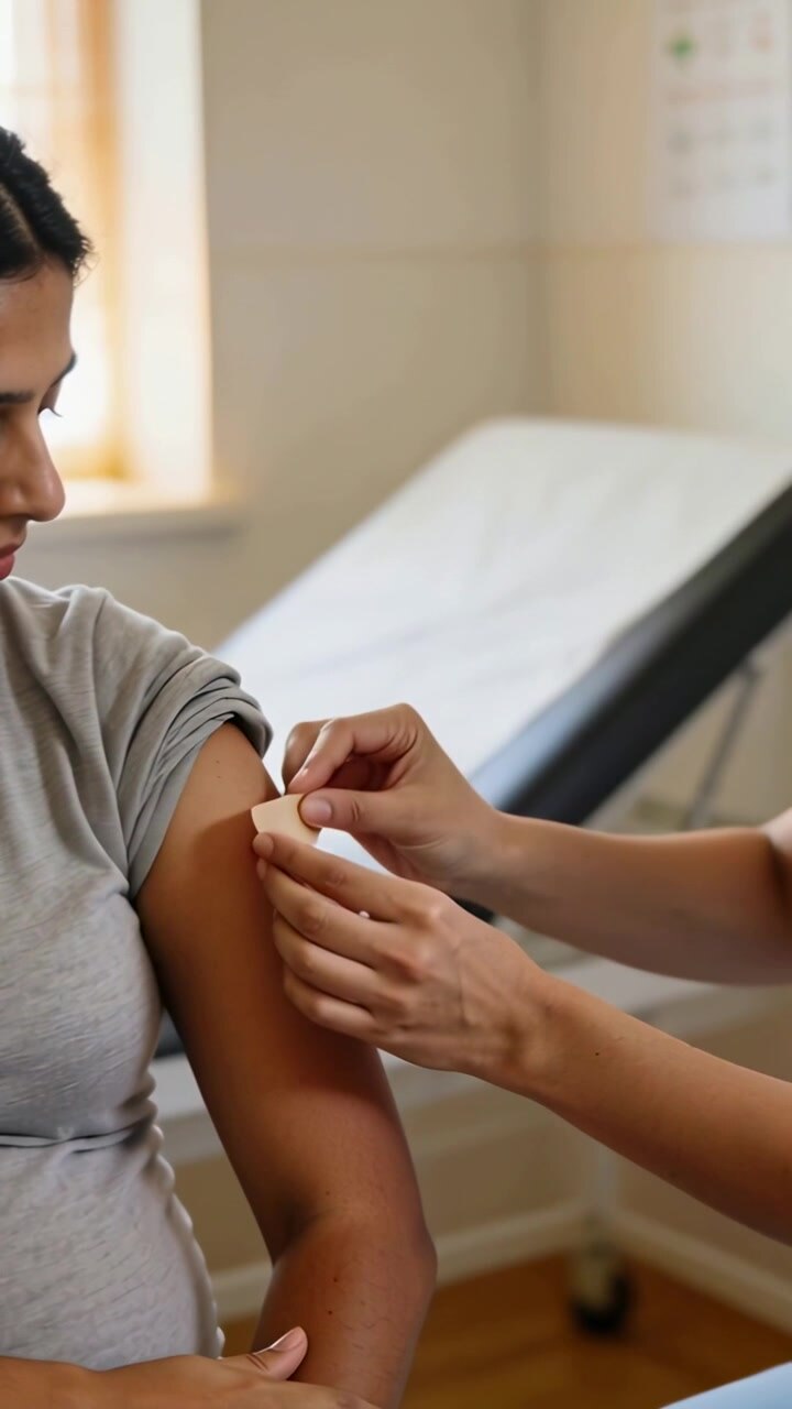 Vertical video: Applying worker placing bandage over arm wound after bleed on clinic patient gray T