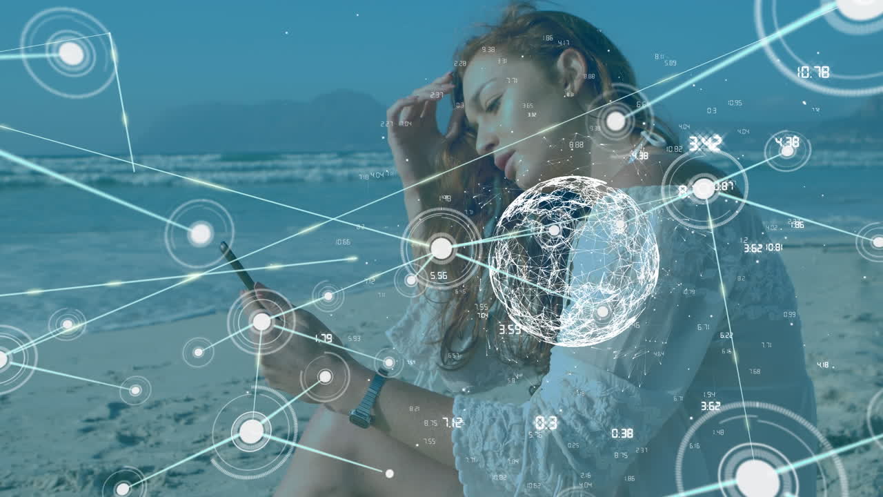해변에 있는 백인 여성과 함께 전 세계와의 연결 네트워크의 애니메이션