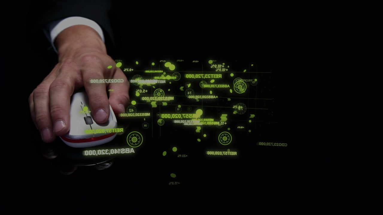 Hand entering left onto mouse, pressing and dragging, organizing neon data clusters over backdrop