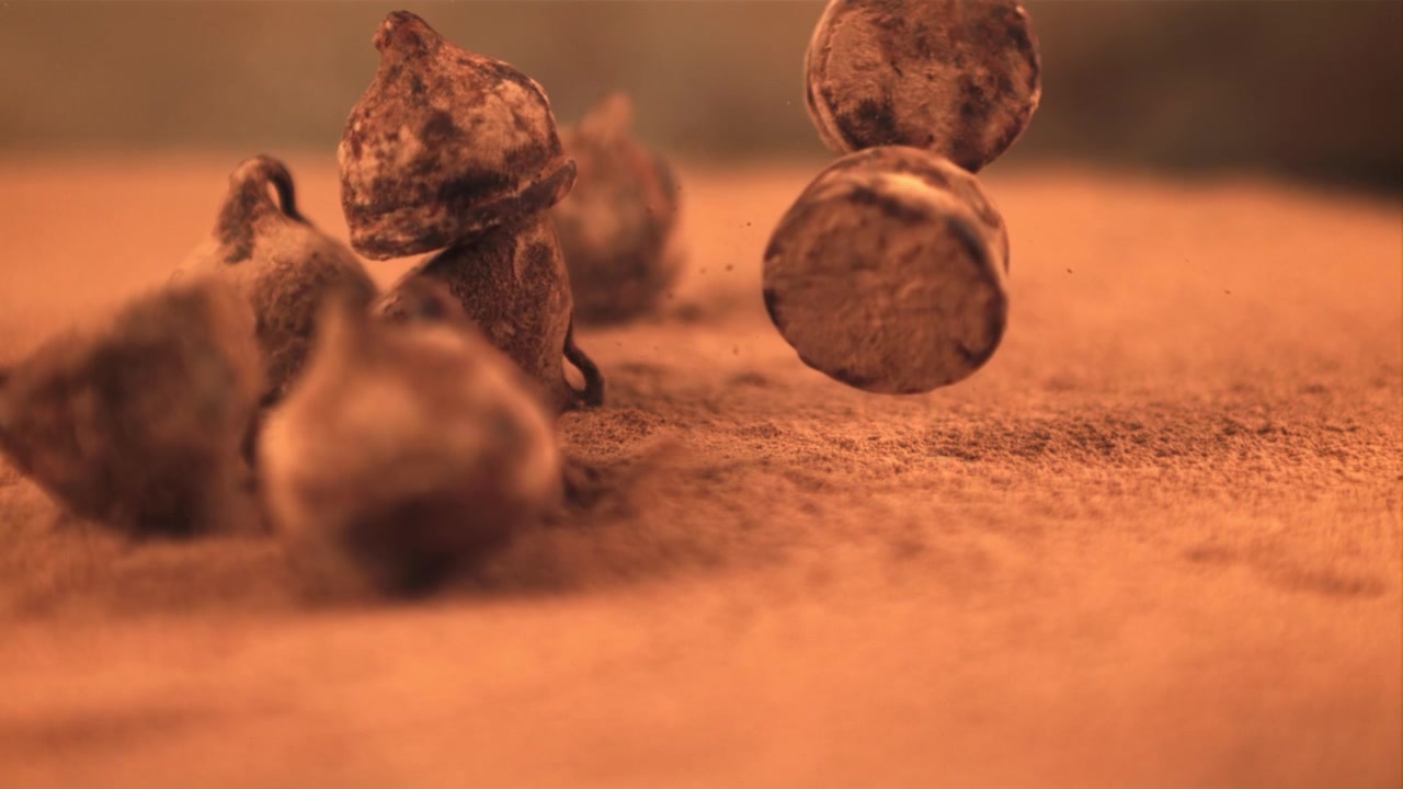 Chocolate Truffles Falling onto Cocoa Powder in Slow Motion