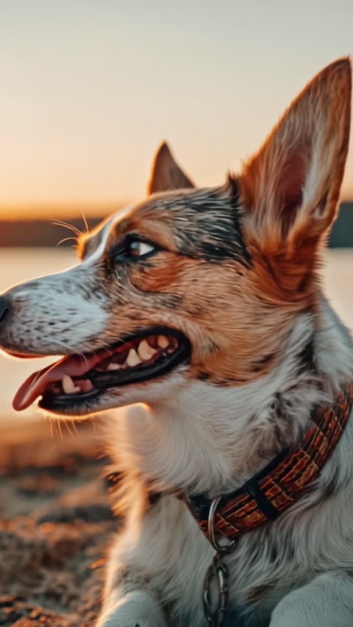 En glad corgi nyter den rolige solnedgangen på stranden, som fanger essensen av bekymringsløse øyeblikk og naturens skjønnhet i denne betagende scenen.