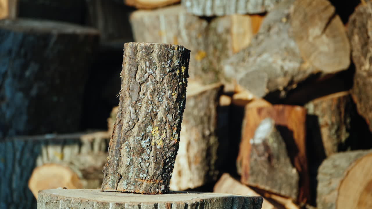 겨울용 장작을 수확하는 통나무 도끼 자르기