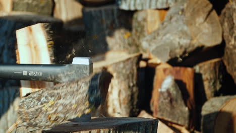 ax chopping logs harvesting firewood for the winter