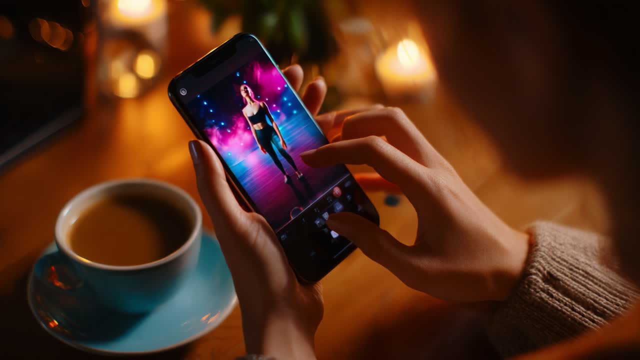 Una persona che interagisce con una vivace illustrazione digitale sul proprio smartphone mentre si gusta una tazza di caffè in un ambiente accogliente, circondata dalla calda luce delle candele