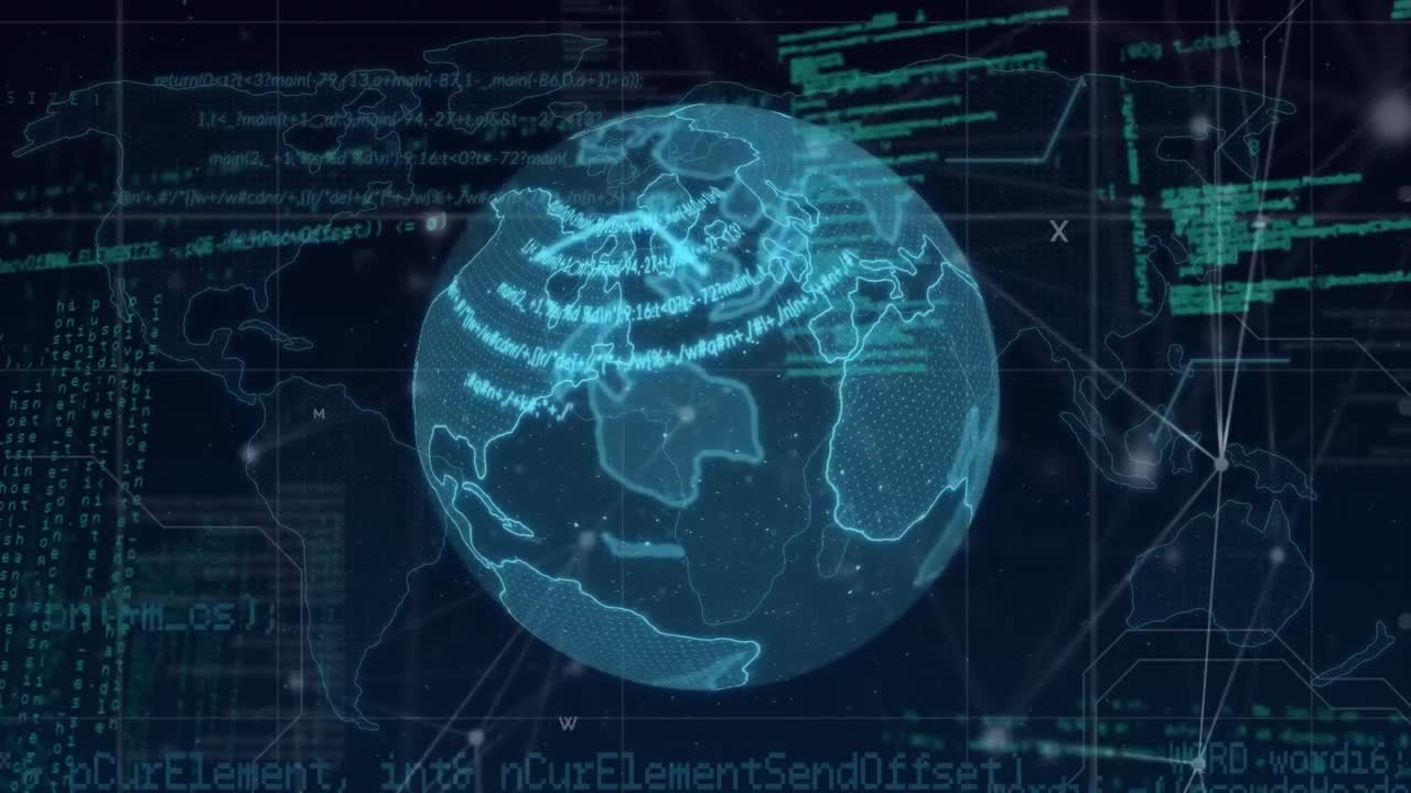 Animation of globe over network of connections with data processing