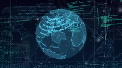 animation of globe over network of connections with data processing
