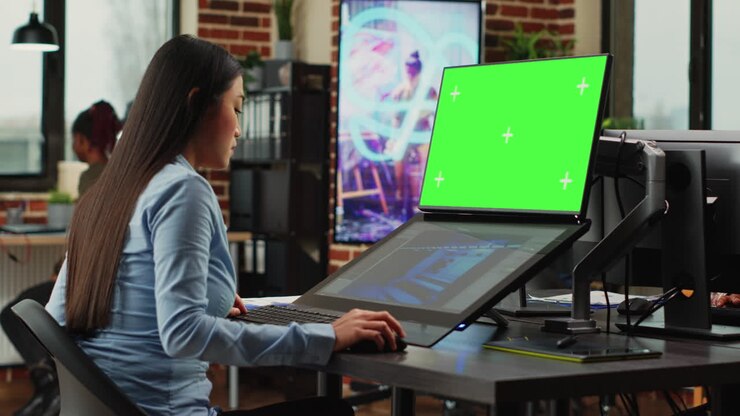 Medarbejder fra et reklamebureau kigger på greenscreen og 3D-udviklingssoftware