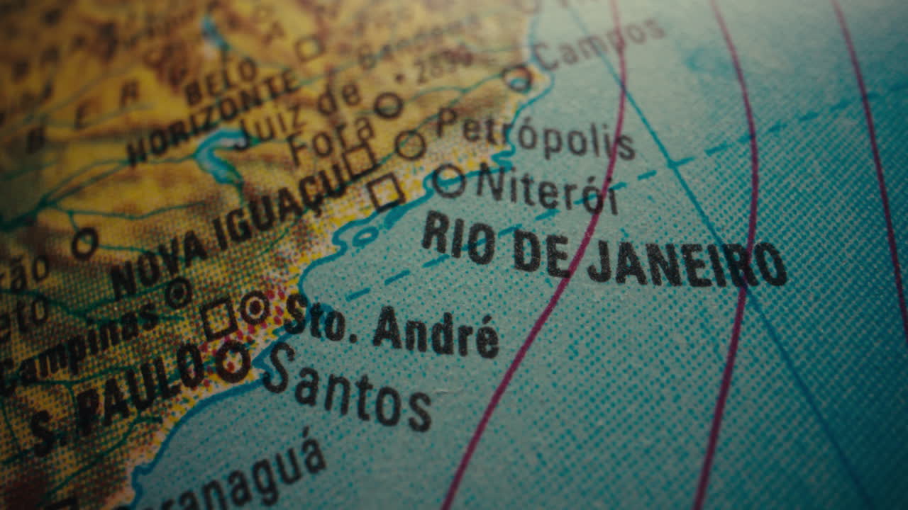 Close-up of a World Globe Map with a Focus on Rio de Janeiro