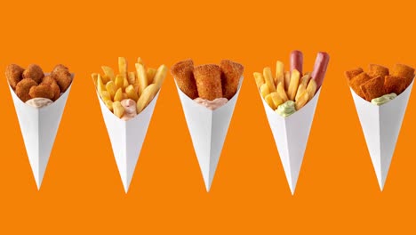 patatas fritas doradas crujientes, papas fritas, salchichas y salsa, almohadillas de queso dorado crujientes sobre fondo naranja. concepto de comida rápida para publicidad, espacio de copia. animación de bucle sin costuras