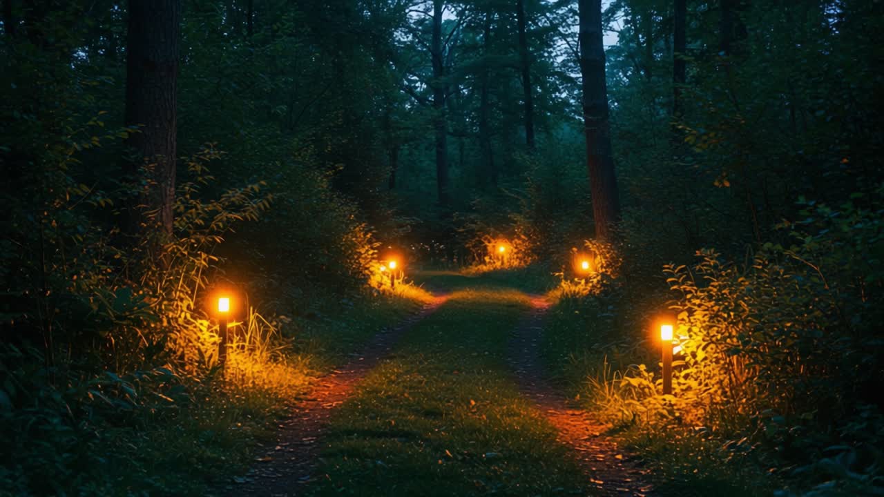 Serene Forest Path Illuminated by Lanterns in the Tranquil Evening Light, Inviting Exploration Through Nature's Enchanted Green Wilderness