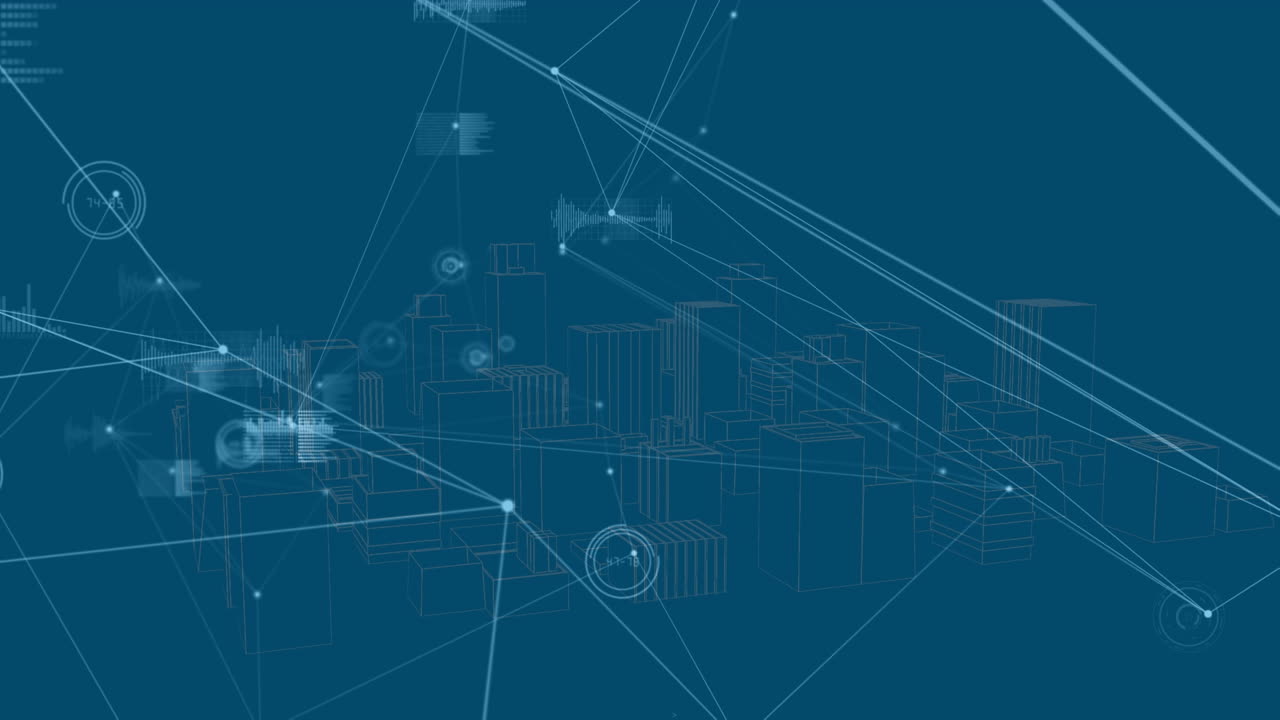 animación de la red de conexiones sobre la ciudad digital sobre fondo azul