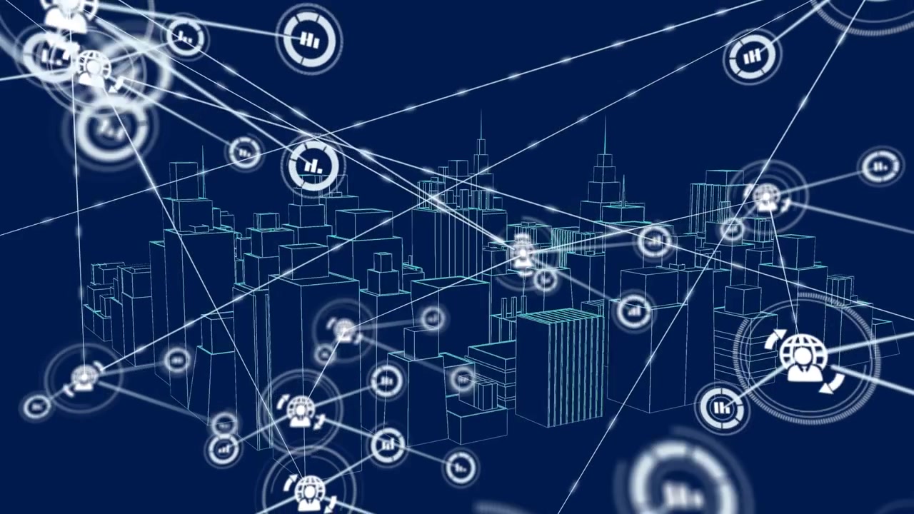 Animation of network of connections with icons over 3d architectural model