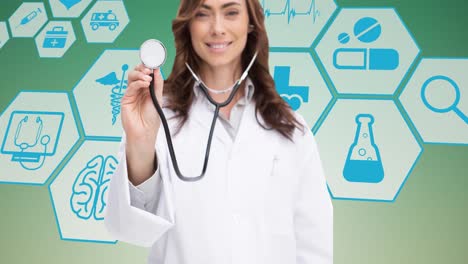 animación de una doctora sobre iconos médicos en movimiento