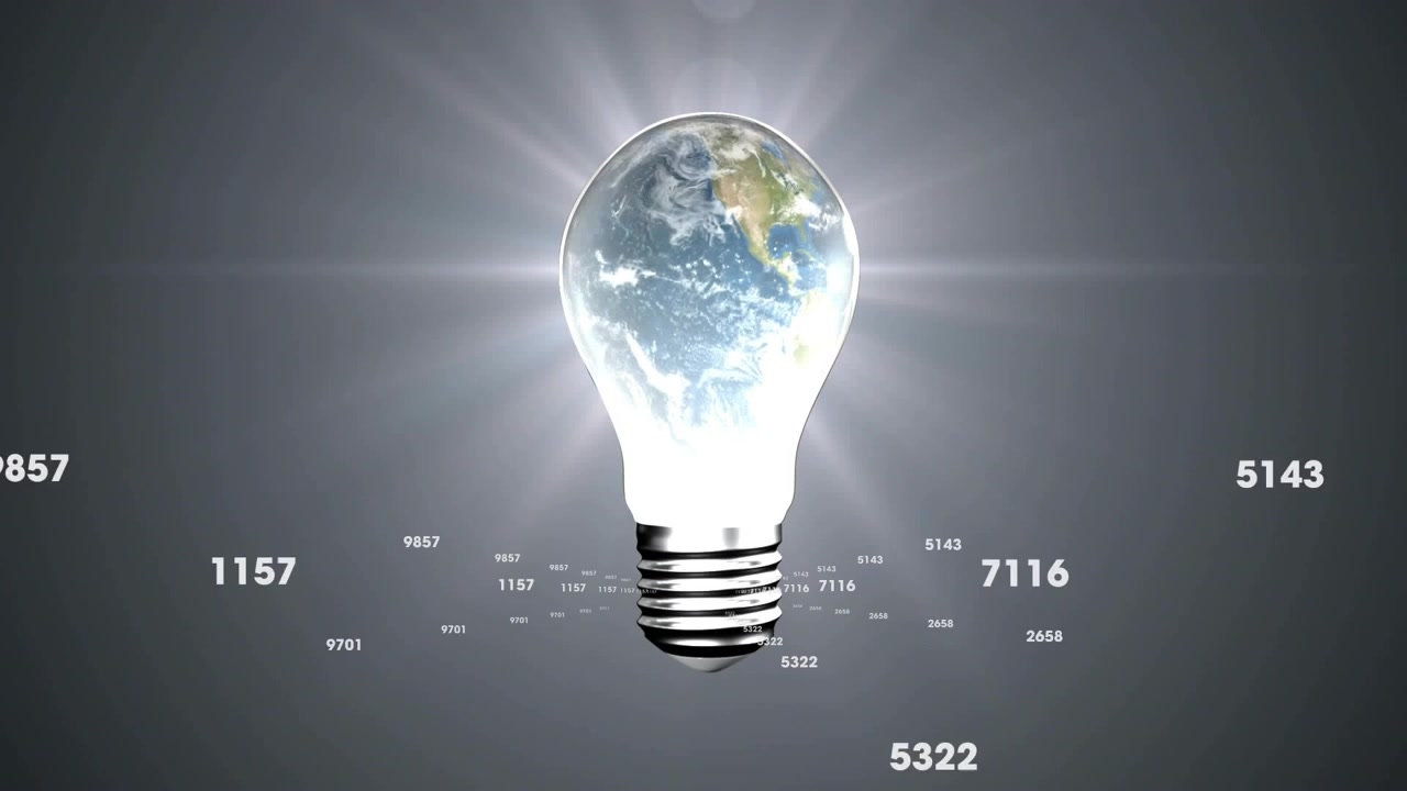 Lampadina luminosa con Terra rotante che genera un impulso, spingendo i numeri verso l'esterno, visualizzando il flusso di dati