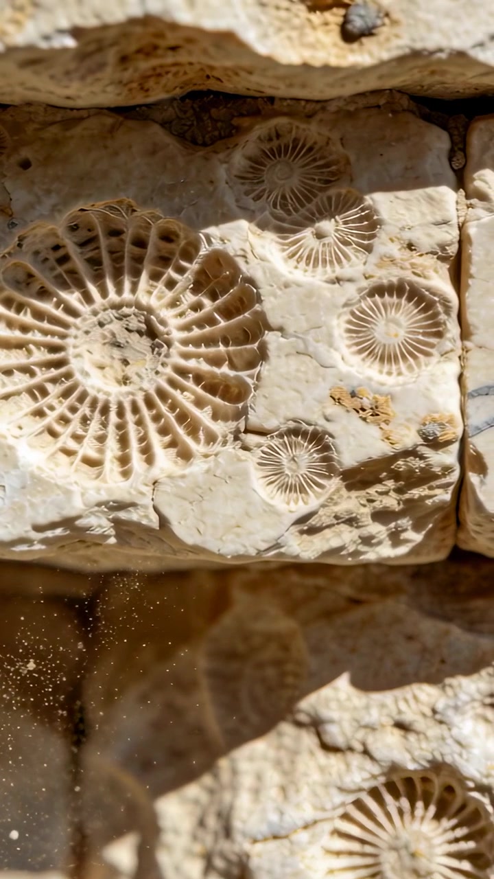 Vertical video: Camera panning sunlit rock slab revealing more radial fossils, dust falling, pebble