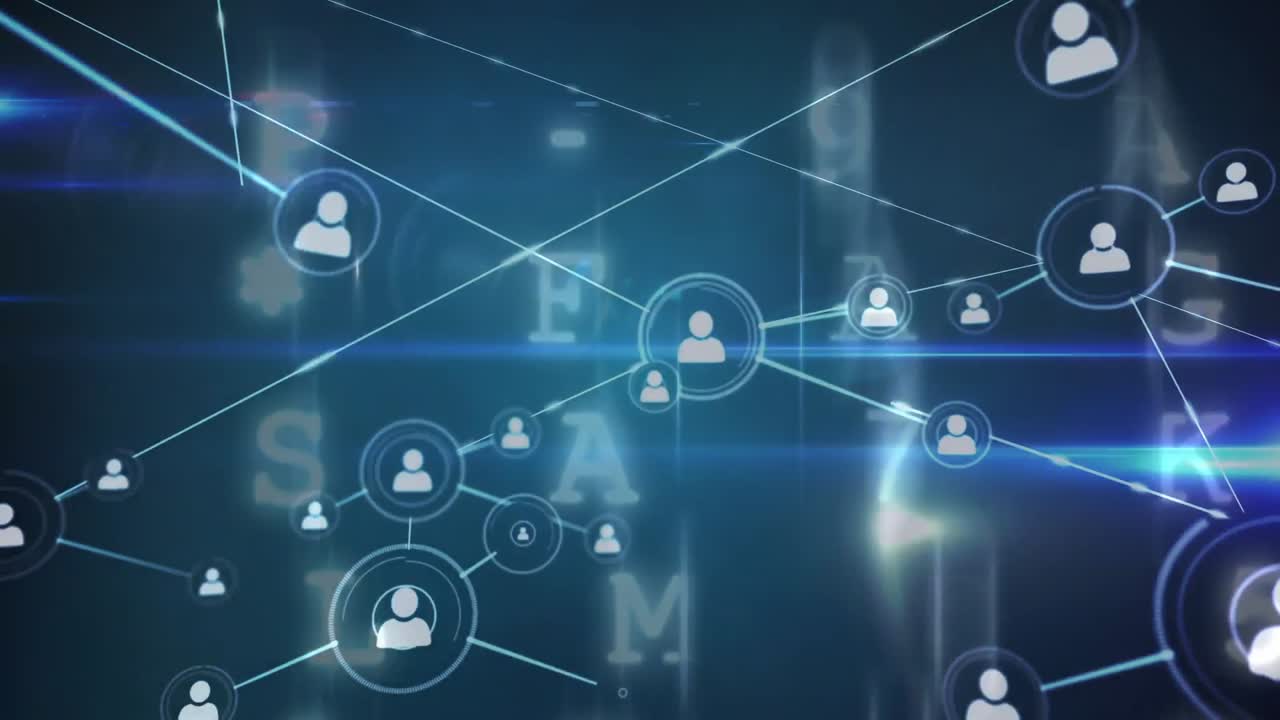 Animation of icons connected with lines over letters against abstract background