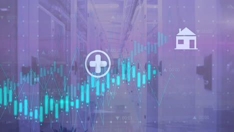 Animation-Von-Mediensymbolen-Und-Diagrammen-über-Dem-Serverraum