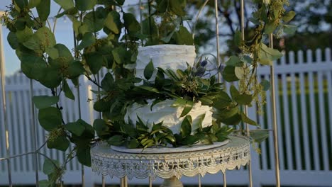 white wedding cake covered in green leaves at an outdoor summer wedding reception