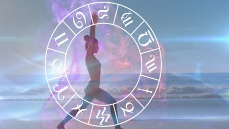 animation of horoscope zodiac wheel over woman practicing yoga