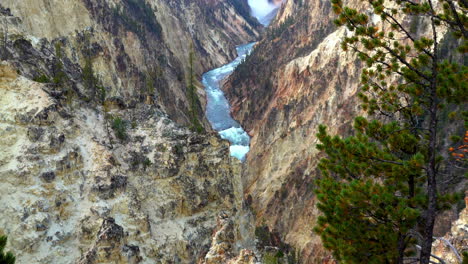 long shot of the grand canyon of yellowstone with lower falls