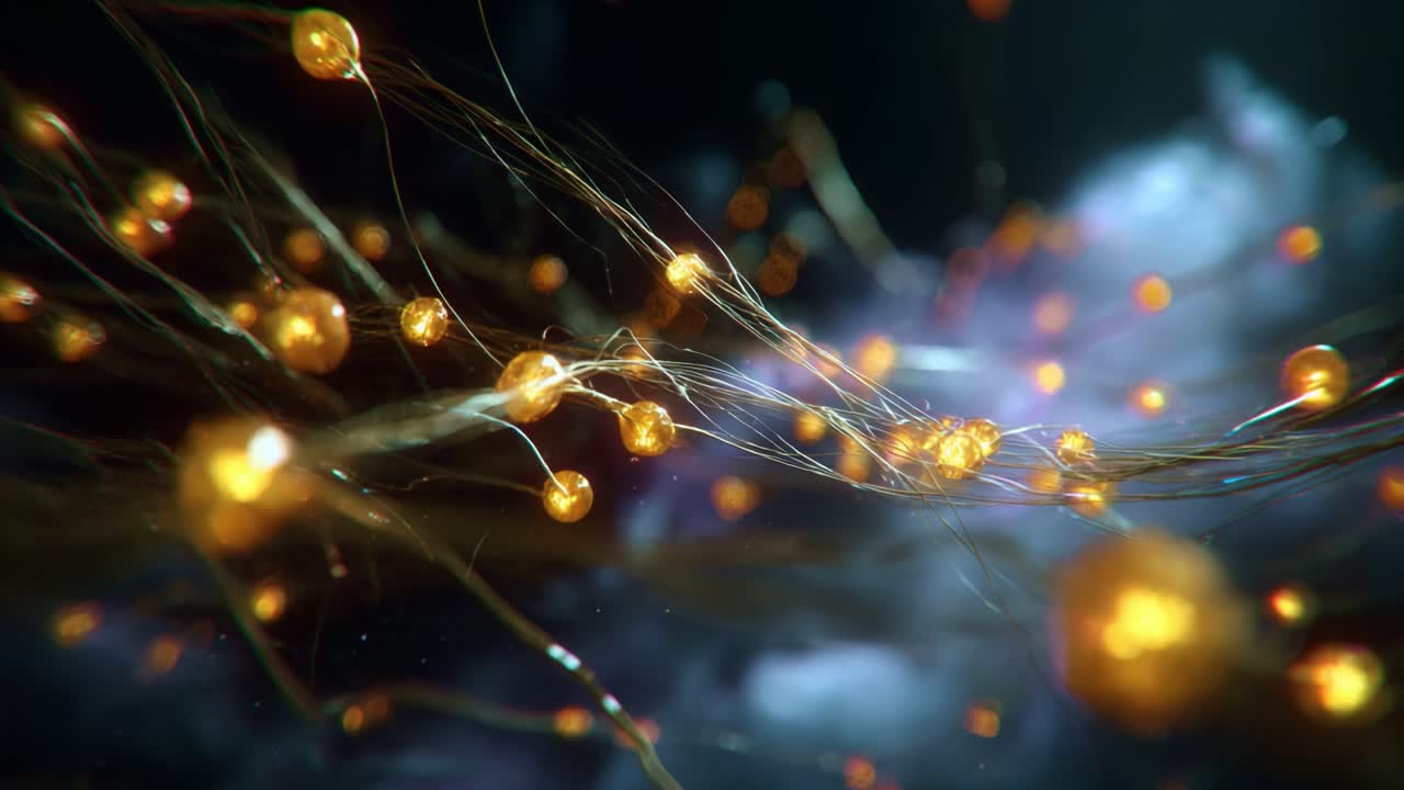 Rappresentazione astratta di energia e luce con sfere luminose e filamenti fluenti in un ambiente digitale colorato, per un'esperienza visiva affascinante