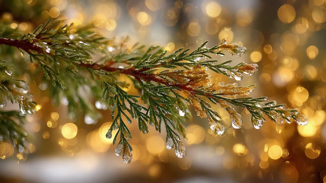 Lumottu lähikuva kasteisesta, ikivihreästä oksasta, joka kimaltelee pehmeää bokeh-taustaa vasten. Täydellinen luomaan talven taikaa ja joulun tunnelmaa.