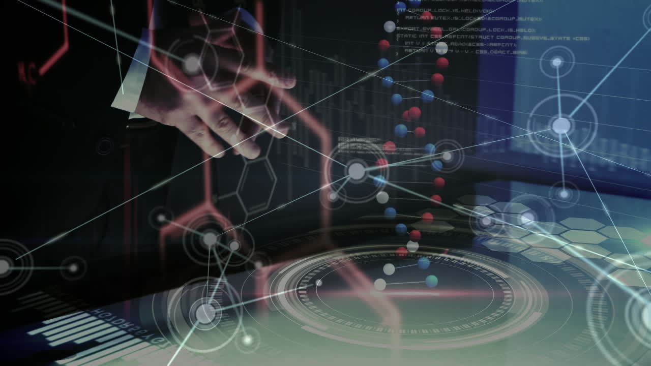 카우카시안 사업가의 손을 통해 데이터 처리를 회전하는 dna 가닥의 애니메이션