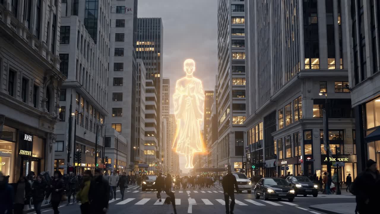 Giant glowing humanoid figure towering over a bustling city street, with pedestrians crossing under the enchanting twilight, evoking a blend of sci fi and spiritual concepts