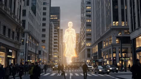 giant glowing humanoid figure towering over a bustling city street, with pedestrians crossing under the enchanting twilight, evoking a blend of sci fi and spiritual concepts