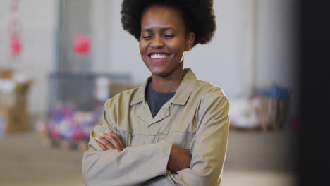 portrait of african american female worker looking at camera and smiling in warehouse