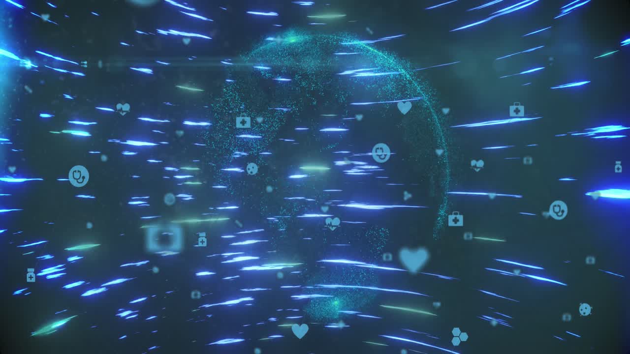 움직이는 빛의 흔적에 대항하여 전 세계에 걸쳐 디지털 아이콘