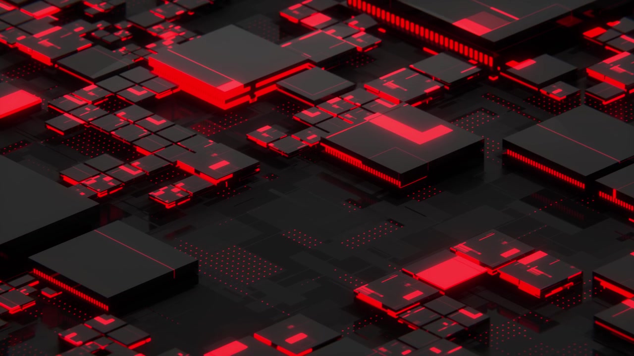 Abstract Futuristic Black Circuit Board with Glowing Red Lights