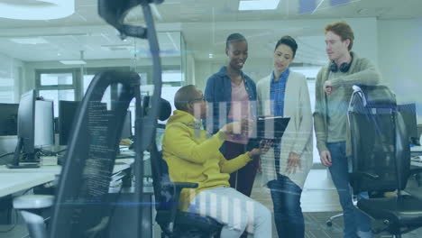 animation of financial data processing over diverse business people in office