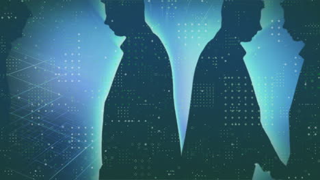 silhouette appearing in glowing flat design digital grid with floating geometric data shapes