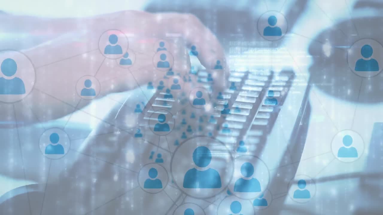 Animazione di persona che utilizza la tastiera di un computer, scheda di circuito di computer e rete di connessioni