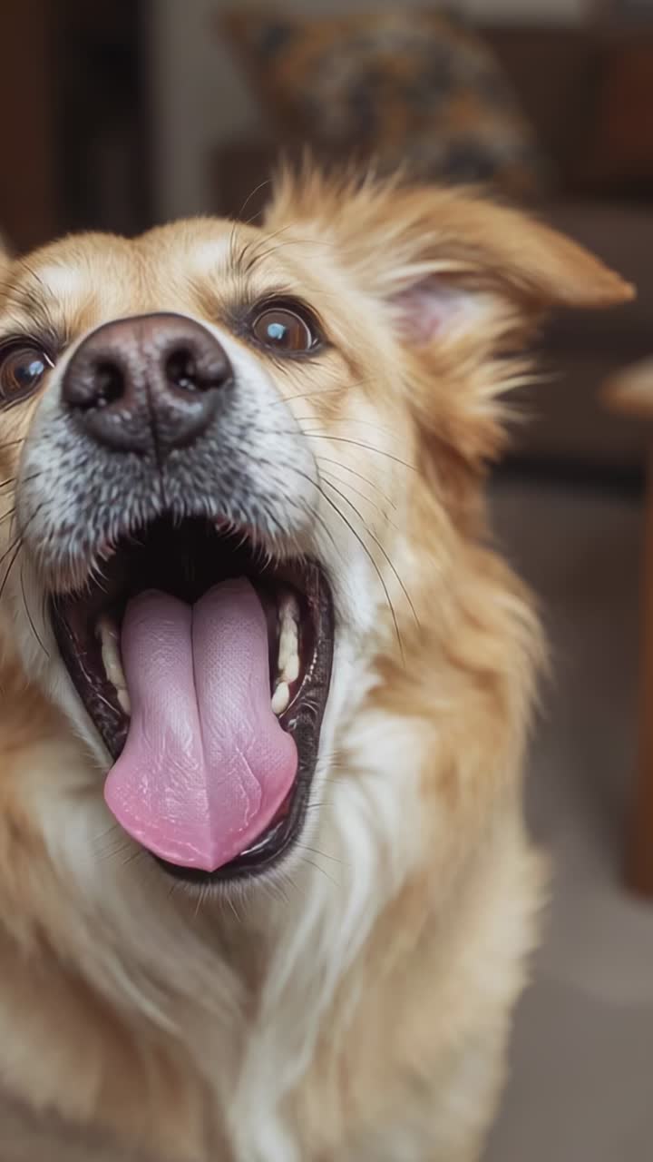 Vídeo vertical: boca jadeante abierta, perro dorado moviendo la cabeza a la izquierda, calmándose en casa, sofá marrón